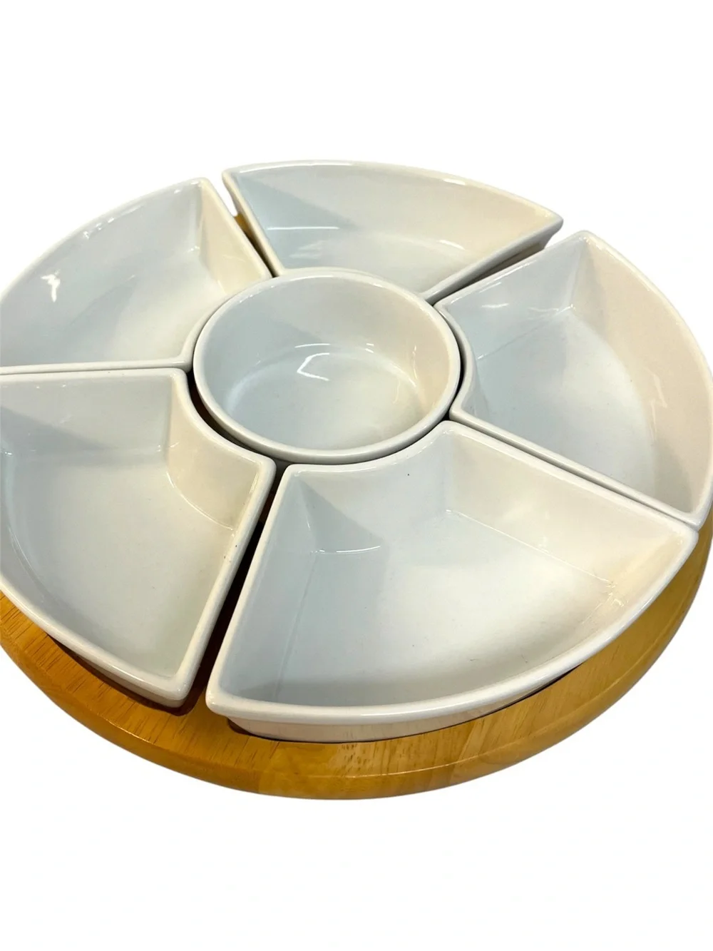 Ceramic Divided Appetizer Serving Set Lazy Susan Rotating Wood Base 6 Piece 13”